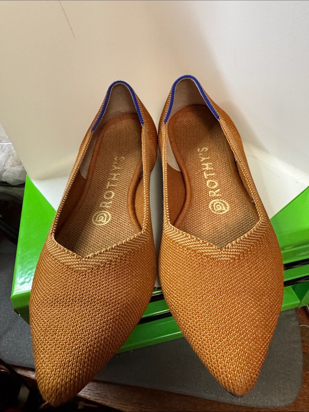 Rothy's Pointed Knit Flats in Tan with Blue Trim
